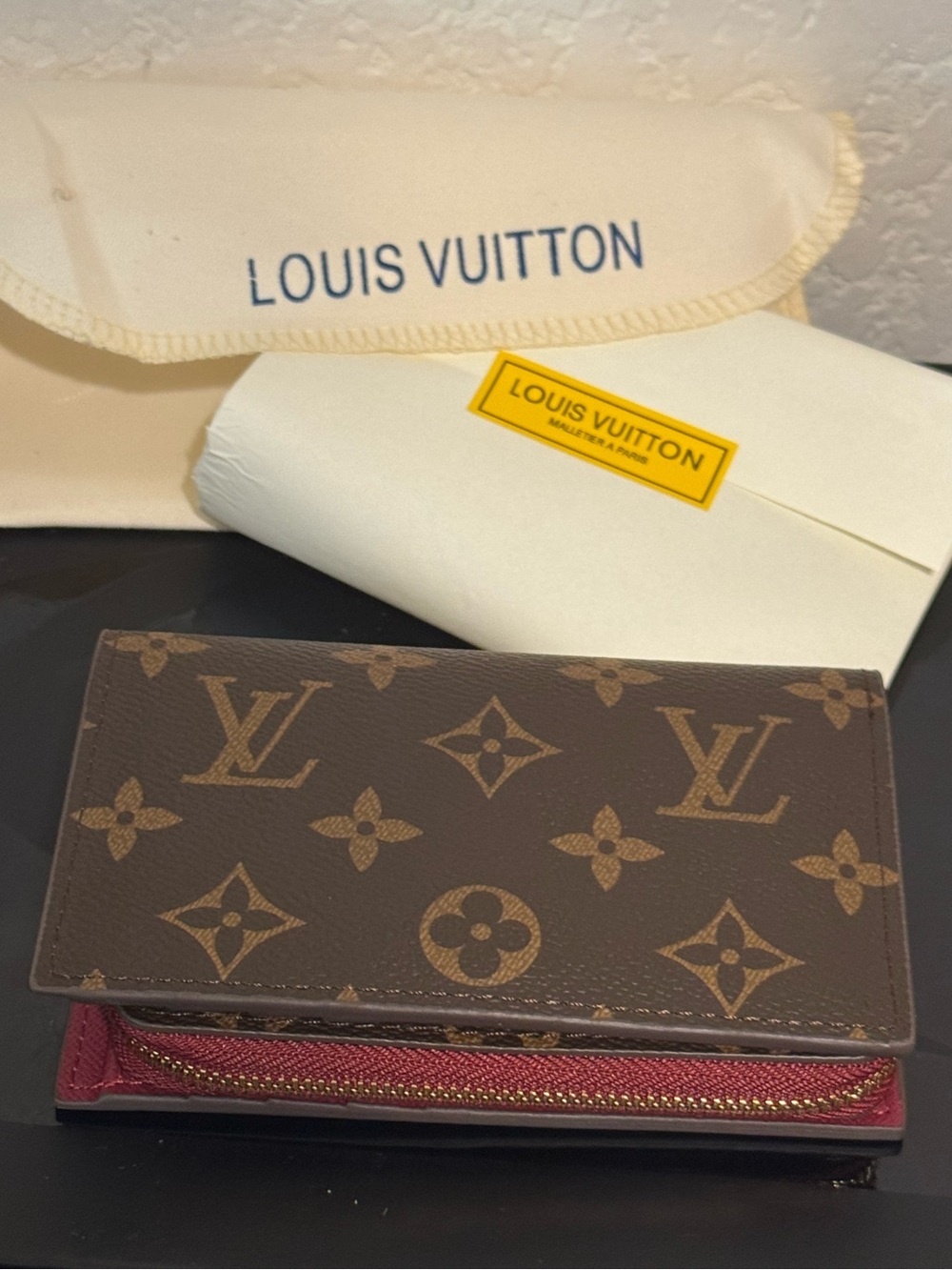 Louis Vuitton Monogram Card Holder with Brown and Red Accents
